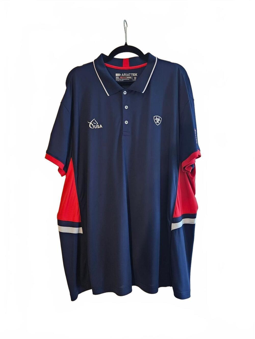 Ariat Tek USA Polo Shirt XXL Heat Series Navy Blue & Red with Equestrian Logo